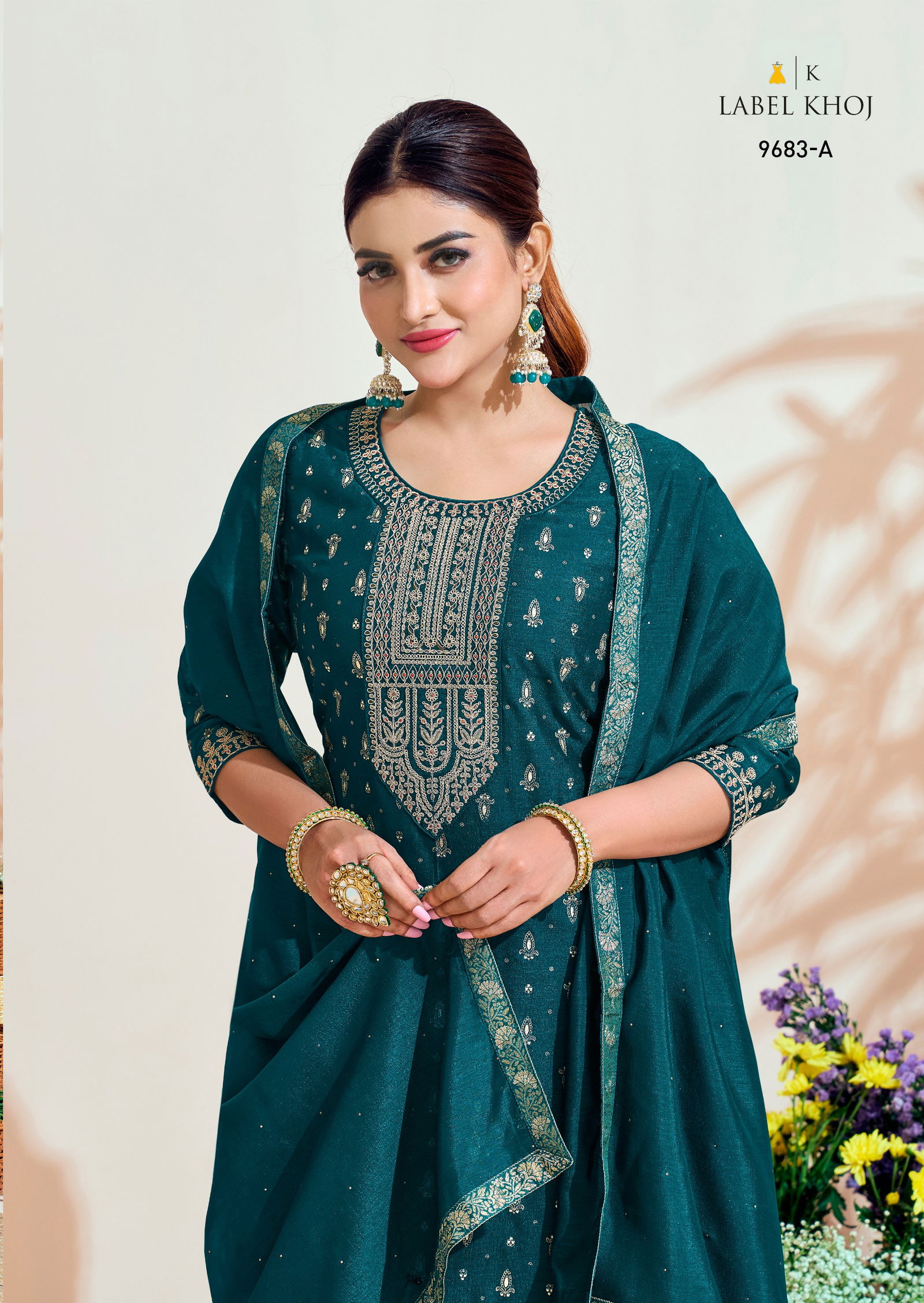 Label Khoj 9682 A To 9684 B Embroidery Vichitra Silk Designer Readymade Suits Wholesale Shop In Surat
